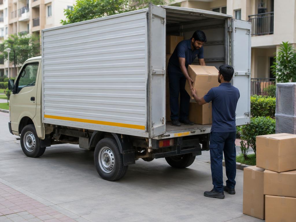 Illustrative image: small closed-body goods vehicle being loaded with cartons