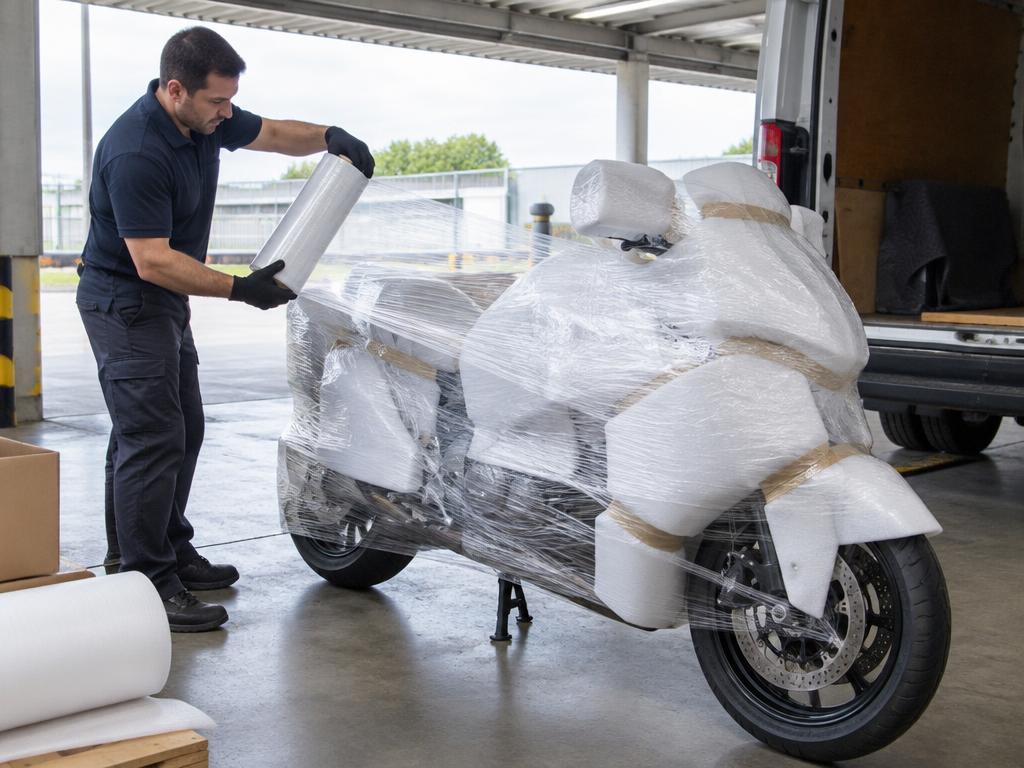 Mover wrapping a motorcycle with foam and stretch film
