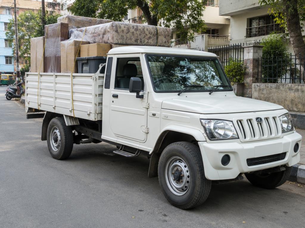 Illustrative image: small pickup vehicle loaded with wrapped household goods