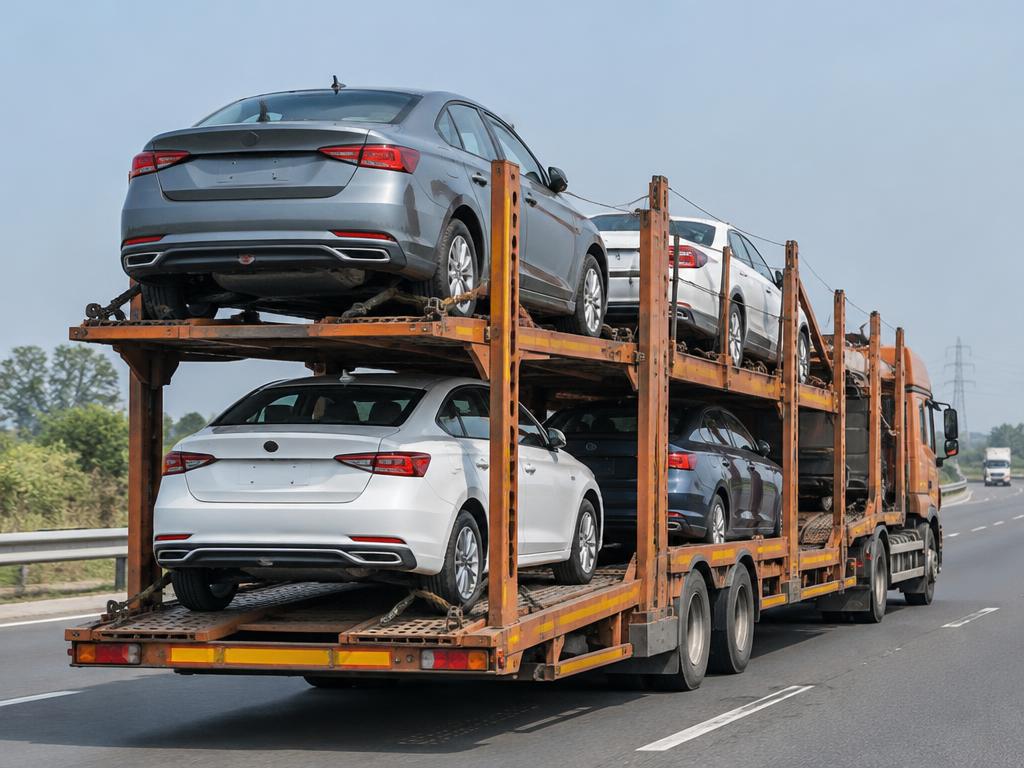 Cars secured on a car carrier truck on a highway
