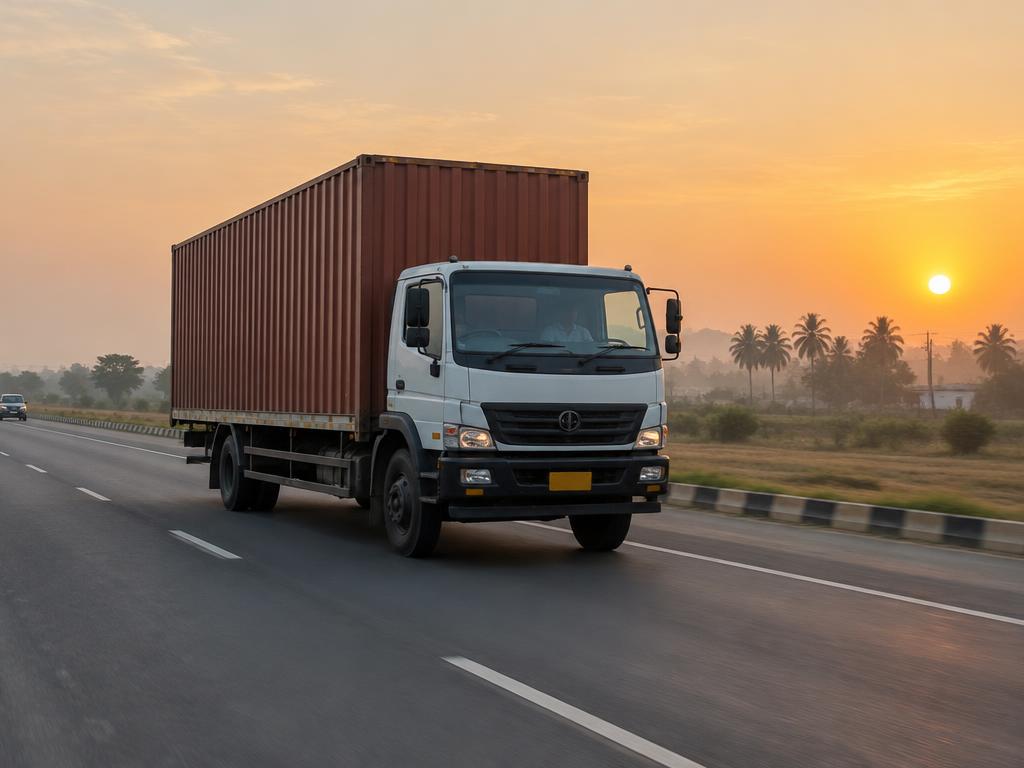 Container moving truck on an Indian highway at sunrise