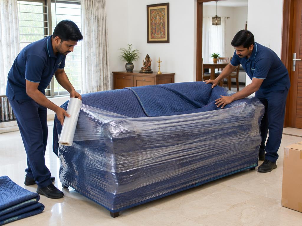 Movers wrapping a sofa with blankets and stretch film inside a home