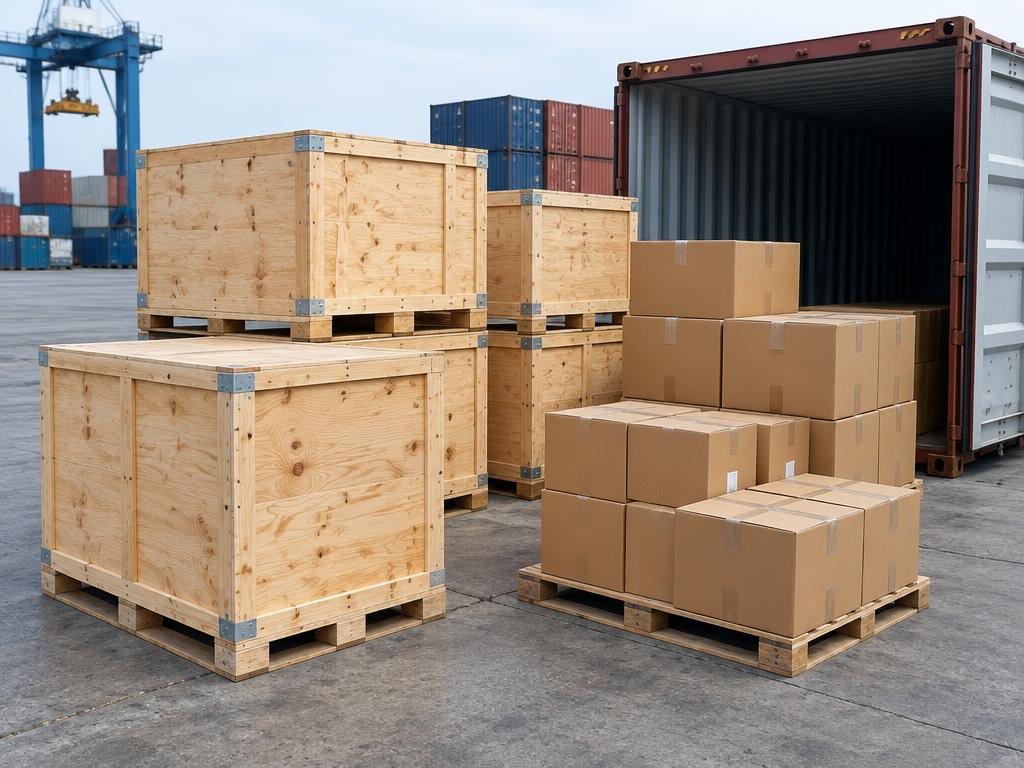 Export-ready wooden crates and cartons near a shipping container