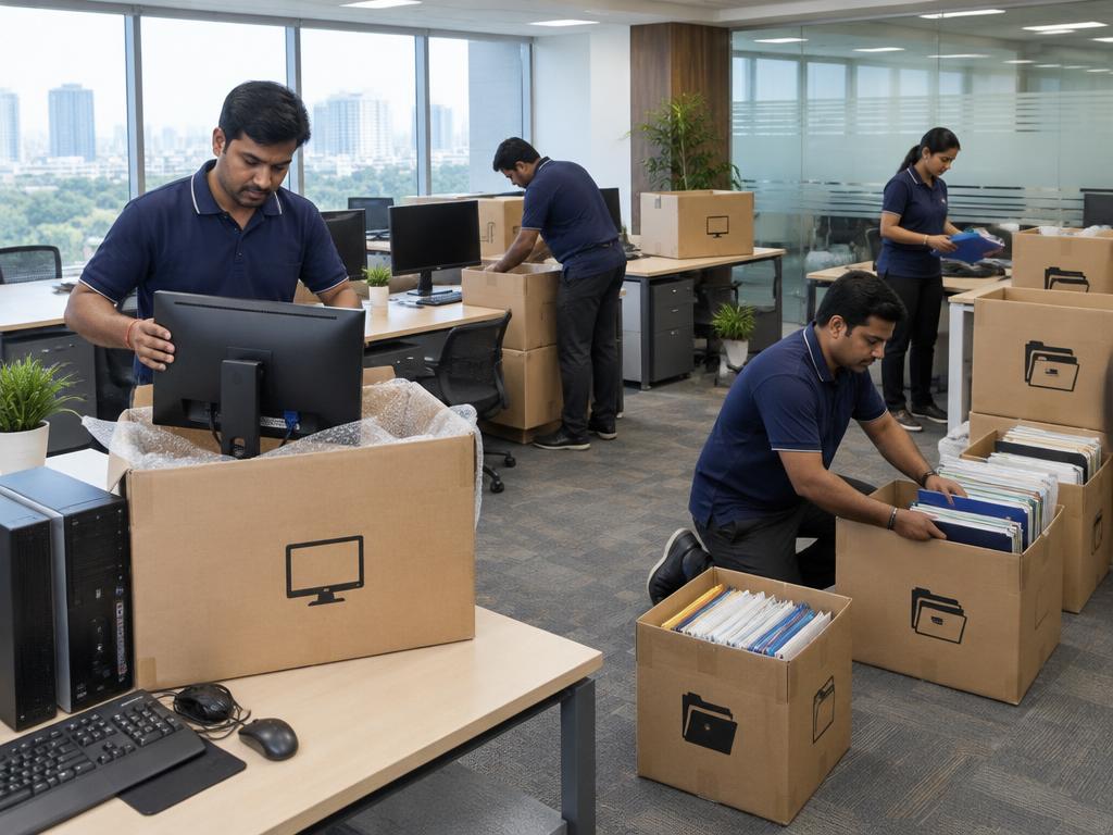 Movers packing office computers and files into labelled cartons