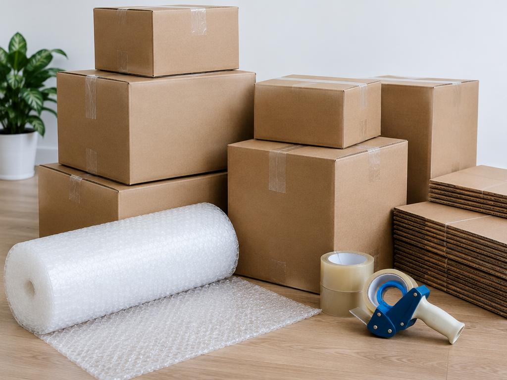 Cardboard cartons with bubble wrap and packing tape