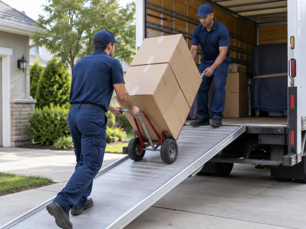 Movers loading cartons into a truck with a hand trolley