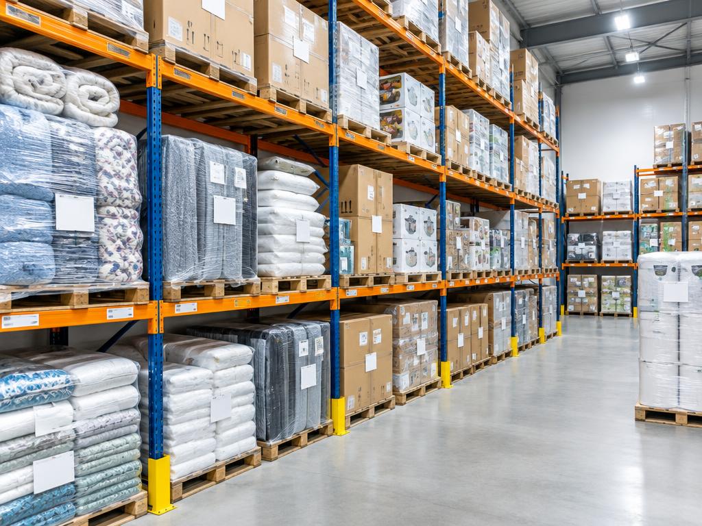 Organised warehouse with wrapped goods on pallet racks